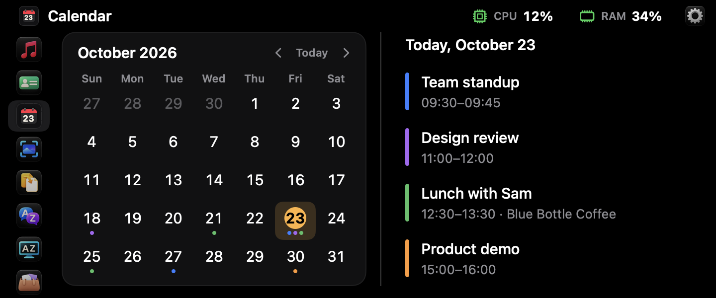 Calendario en el panel de Brow