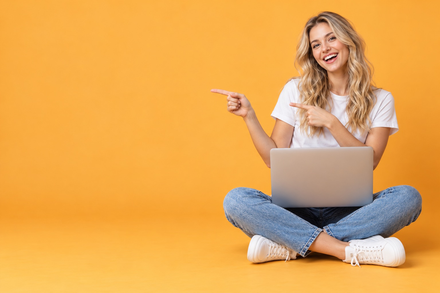 A cheerful woman with a laptop pointing at Brow's benefits