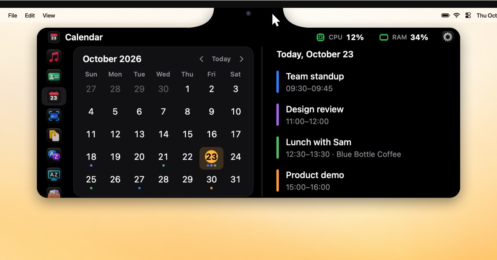 Calendar in the Brow panel