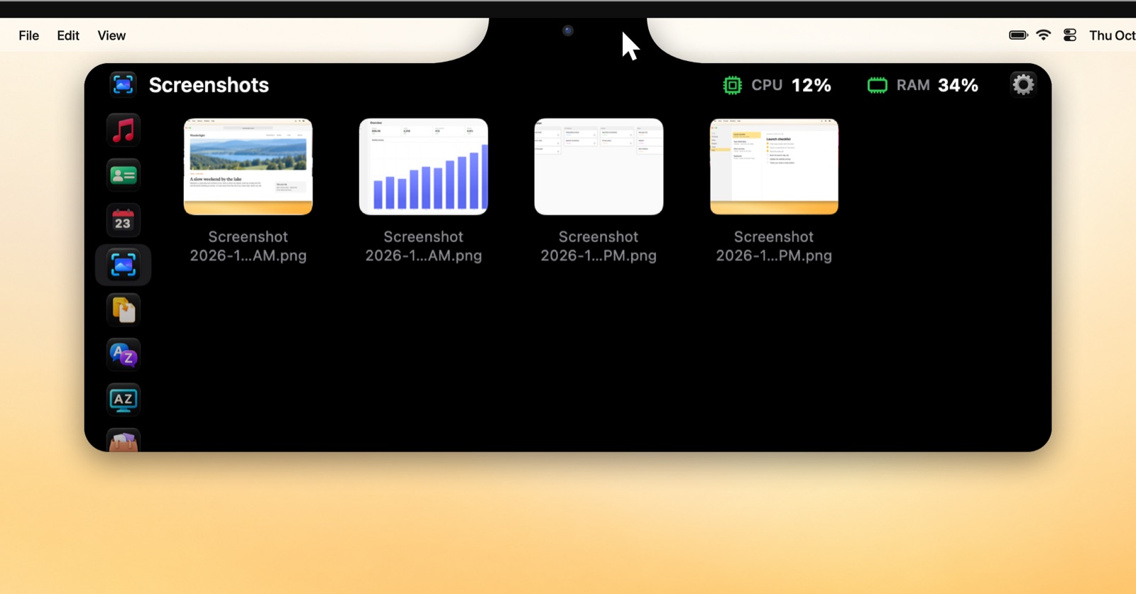 Screenshots in the Brow panel
